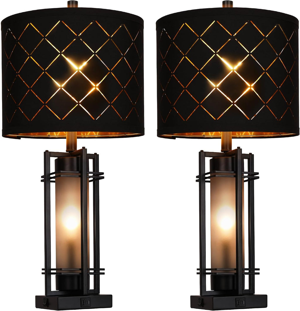 Modern Table Lamp Set of 2, Nightstand Lamps with Black Grid Shade, Bedside Lamps with USB A+C Charging Ports, Decorative Table Lamp…