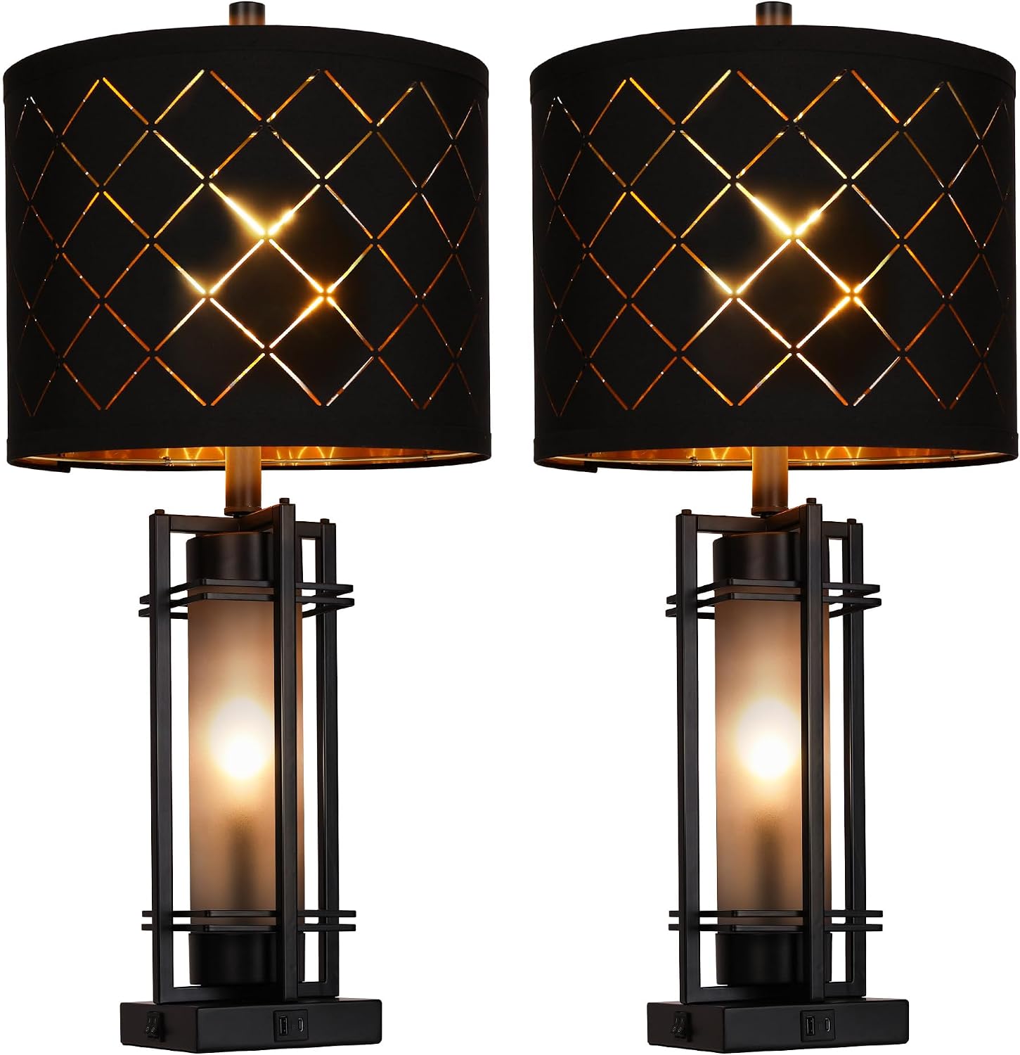Modern Table Lamp Set of 2, Nightstand Lamps with Black Grid Shade, Bedside Lamps with USB A+C Charging Ports, Decorative Table Lamp…