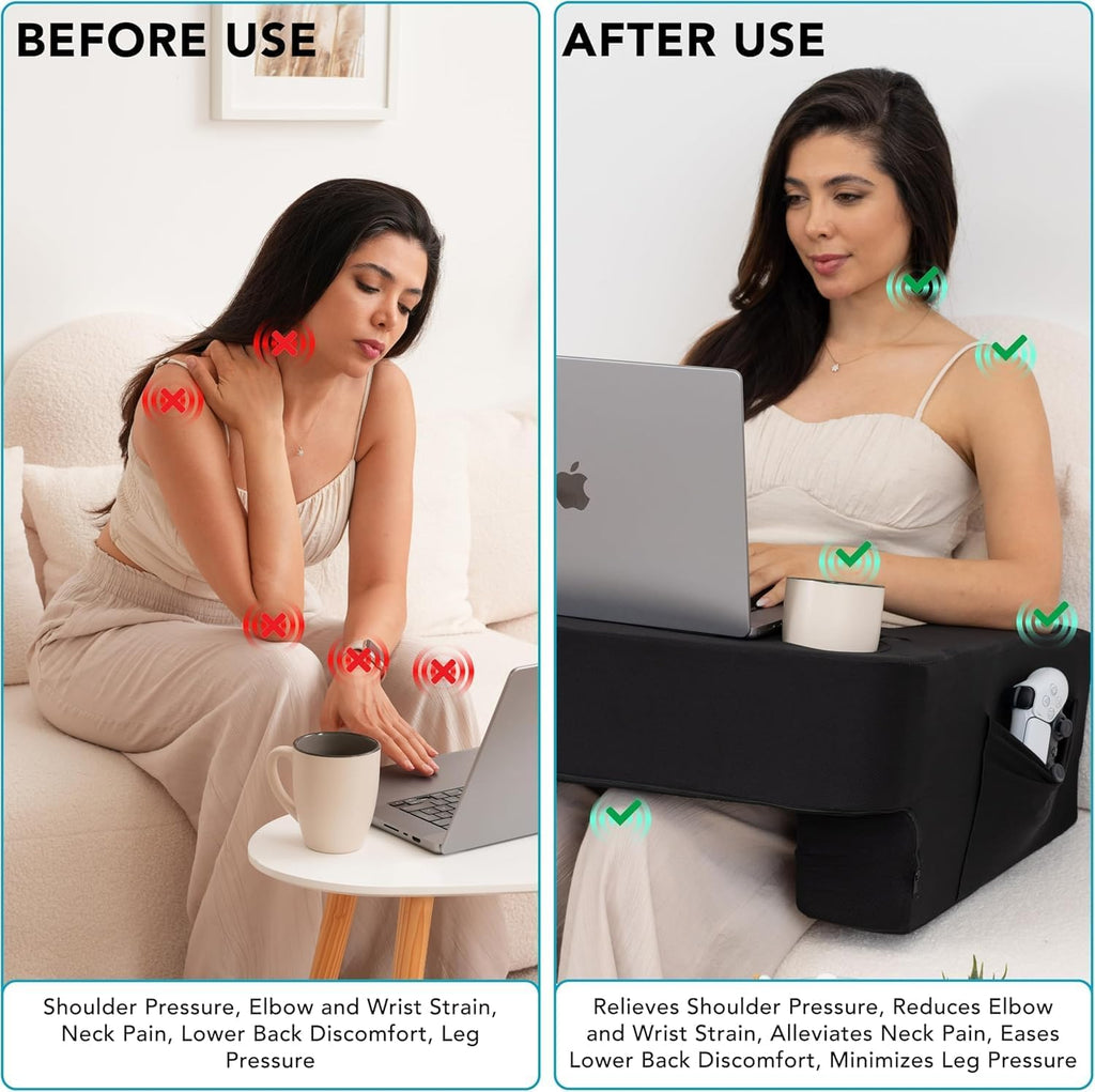 TabCouchCaddy Reading Pillow for Gaming – Extra Large Lap Desk & Arm Rest with Cup & Phone Holder, Adjustable Heights, Laptop Support…