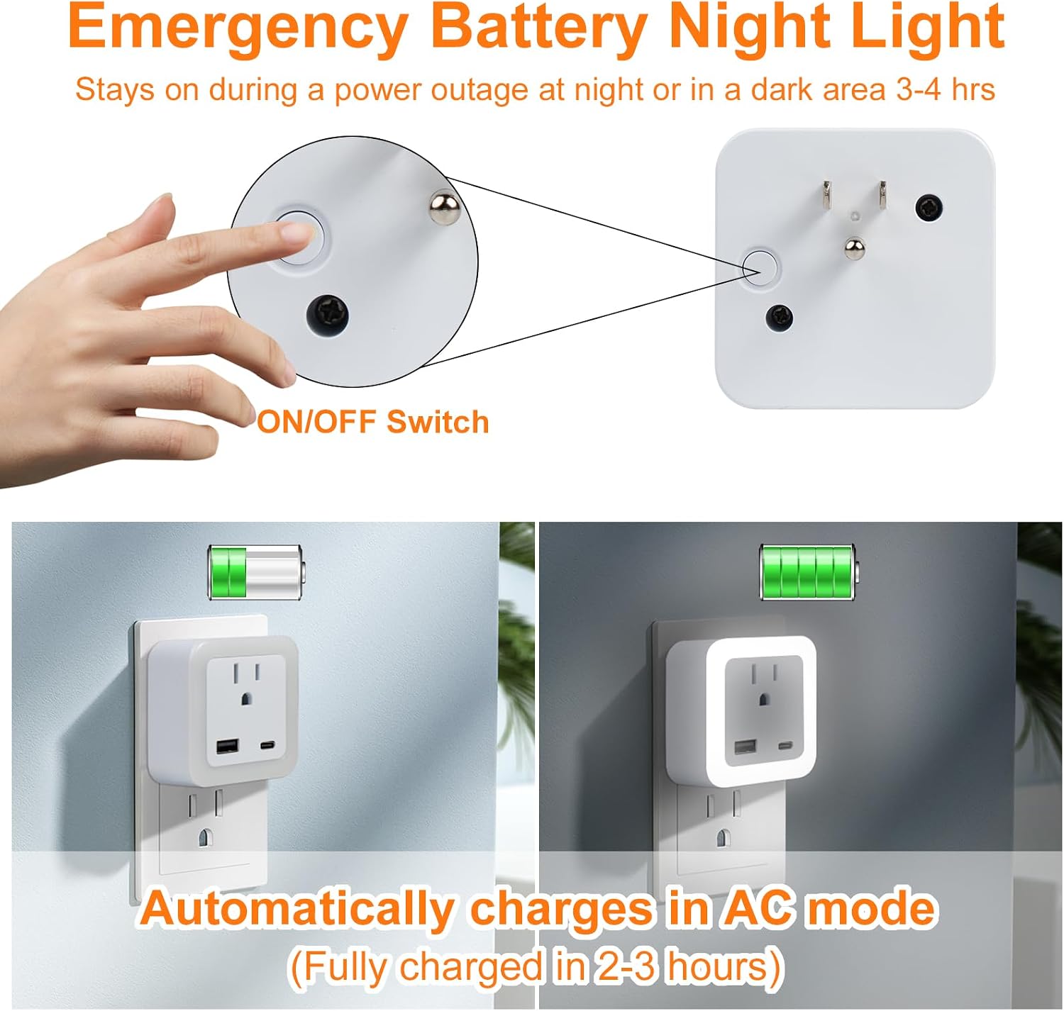 Night Lights Plug Into Wall 2 Pack Rechargeable Battery Backup Light Dusk to Dawn Sensor Night Light with Outlet Expander for Adults Kids…