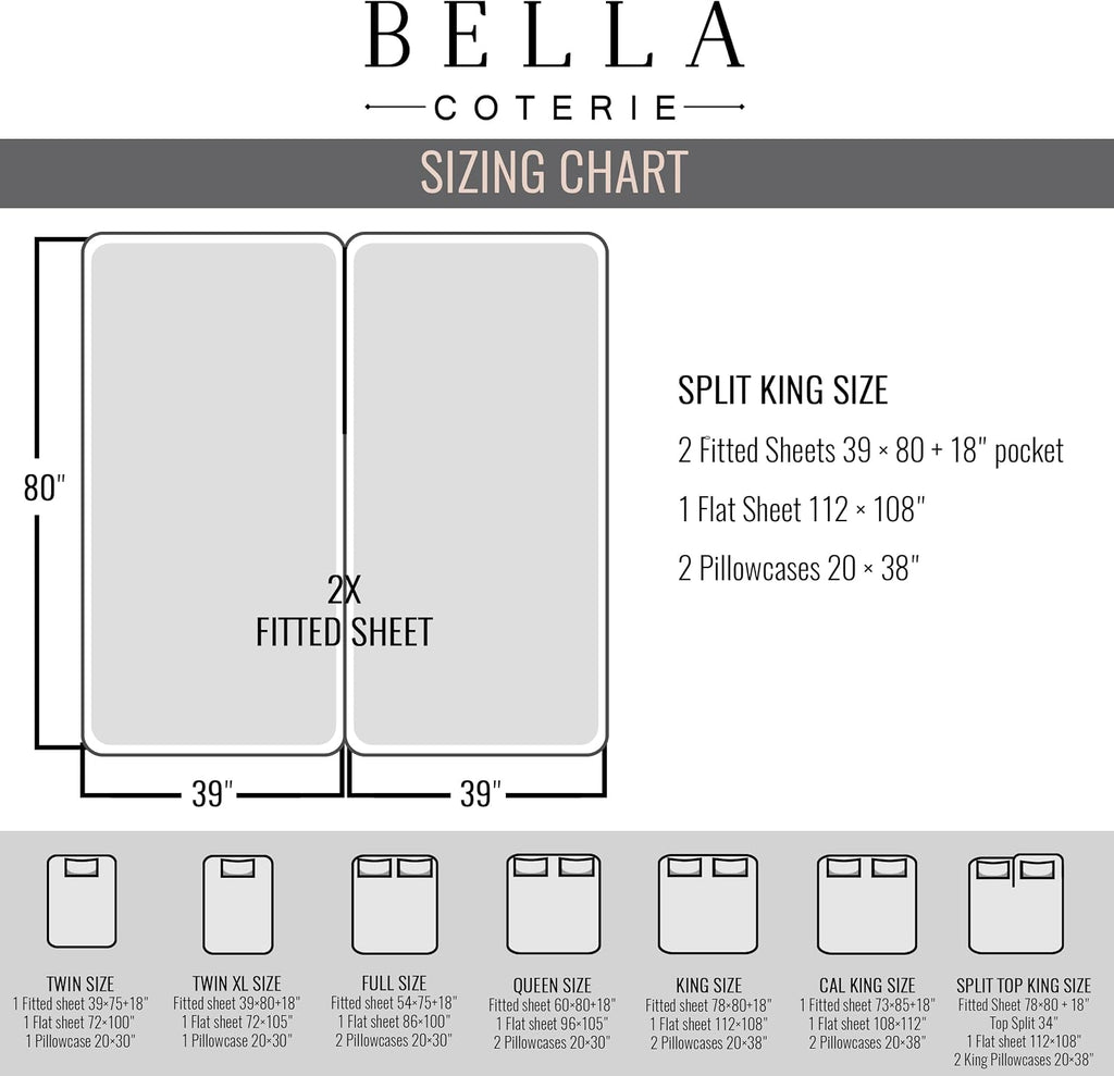 Bella Coterie Luxury Bamboo Viscose Split King Size Sheet Set | 2 Fitted Sheets for Sleep Number & Adjustable Beds | 100% Organically…