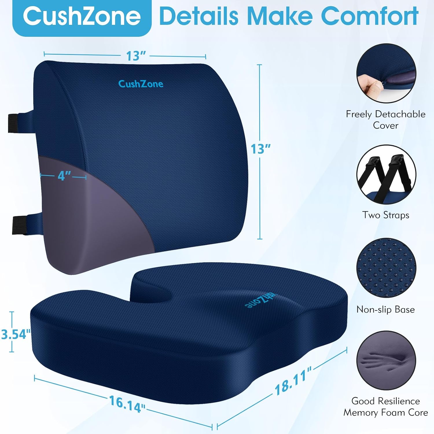CushZone Seat Cushion, Lumbar Support Pillow with Adjustable Strap-Chair Cushions for Sciatica -with Washable Cover Memory Foam for Car, Tr…