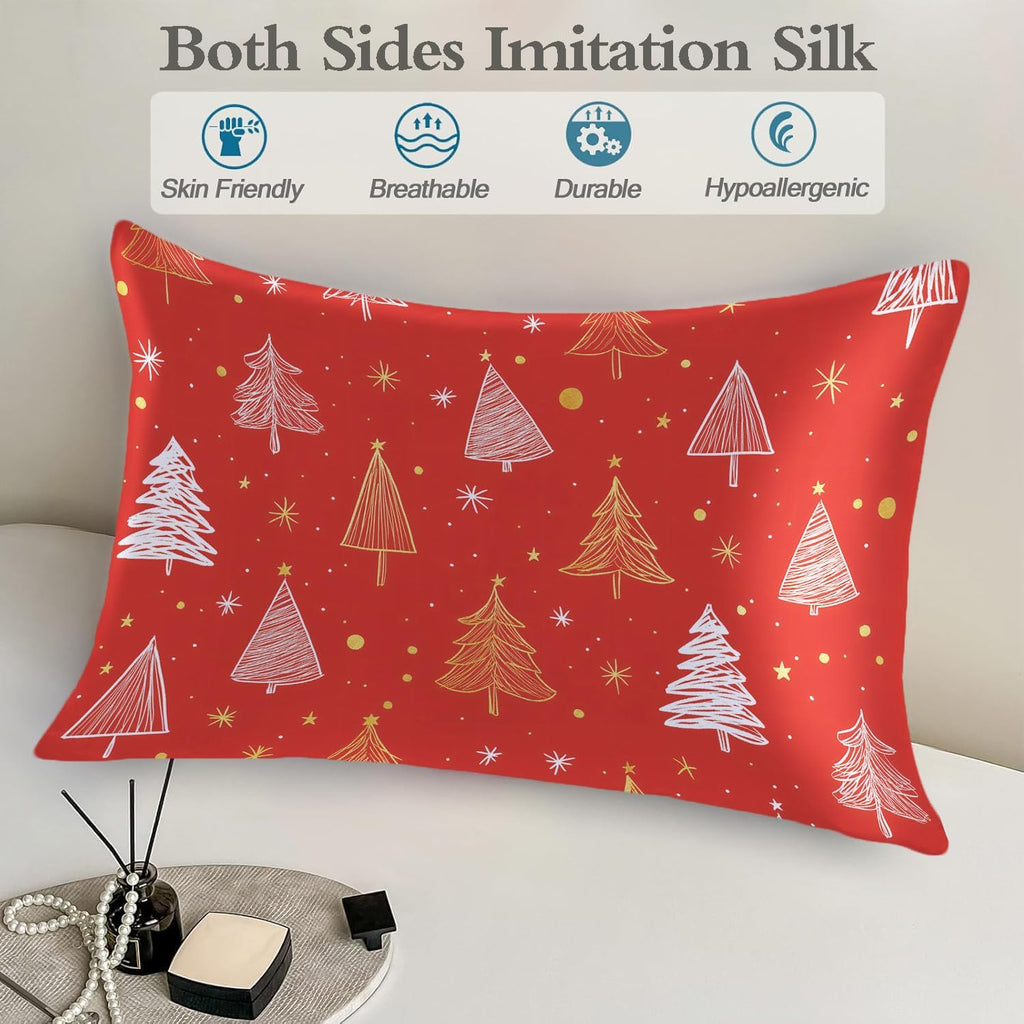 Satin Pillowcase for Hair and Skin White and Gold Xmas Tree Super Soft and Cooling Similar to Silk Pillow Case 1 Pack with Hidden Zipper…