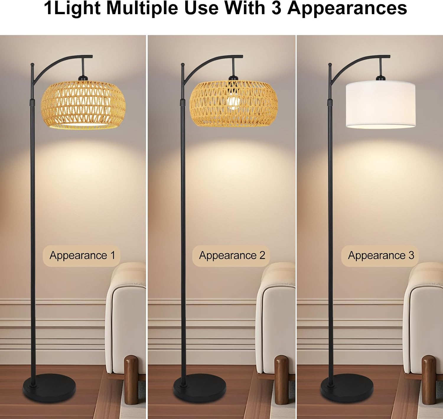 Arc Floor Lamps for Living Room Rattan Boho Floor Lamp with Remote Control, Dimmable LED Floor Lamp Wicker Lamp Shades Black Standing Lamp…