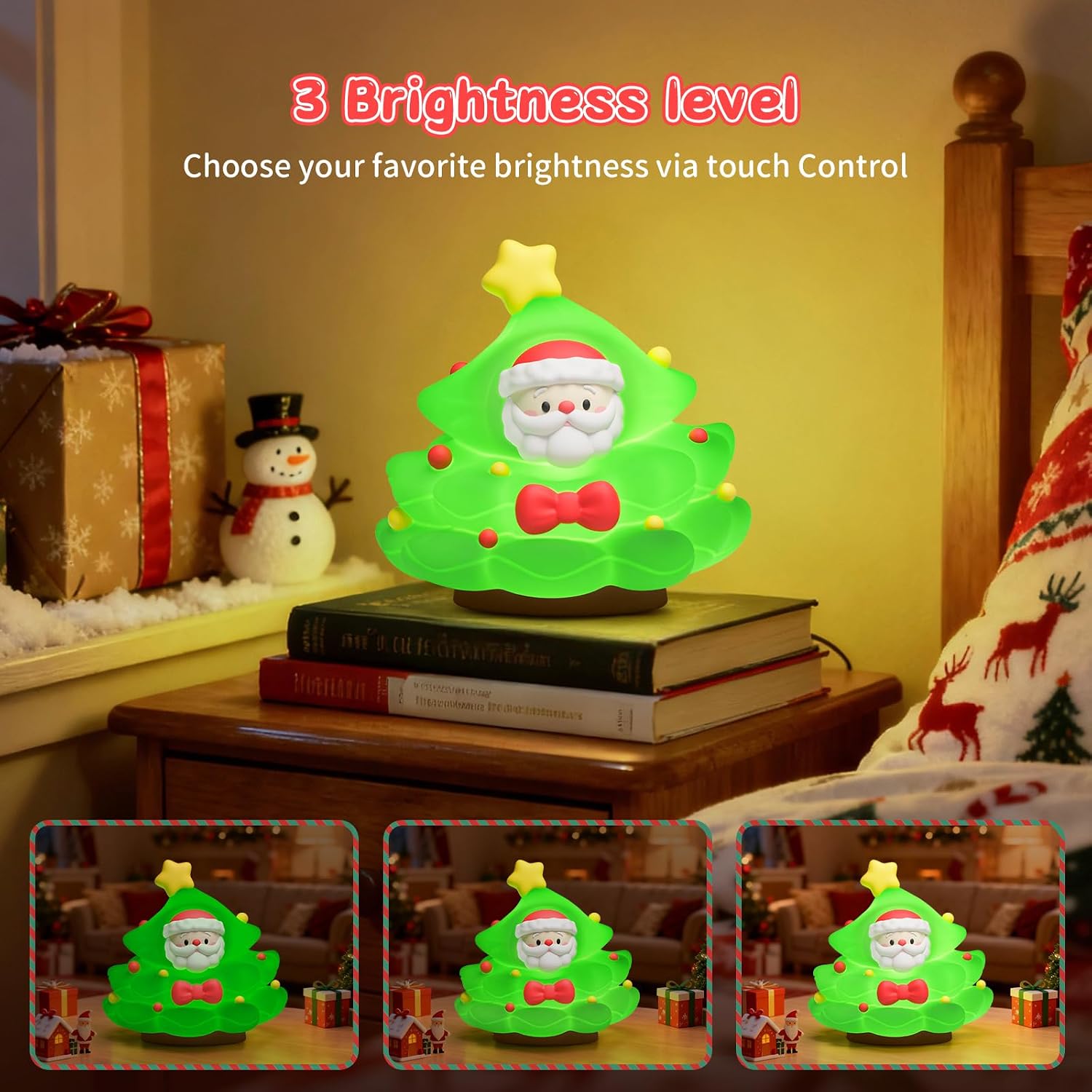 Christmas Tree Night Light, Touch Control LED Lamp, Silicone Green with Yellow Star, USB Rechargeable, 3 Brightness with Auto-Off…
