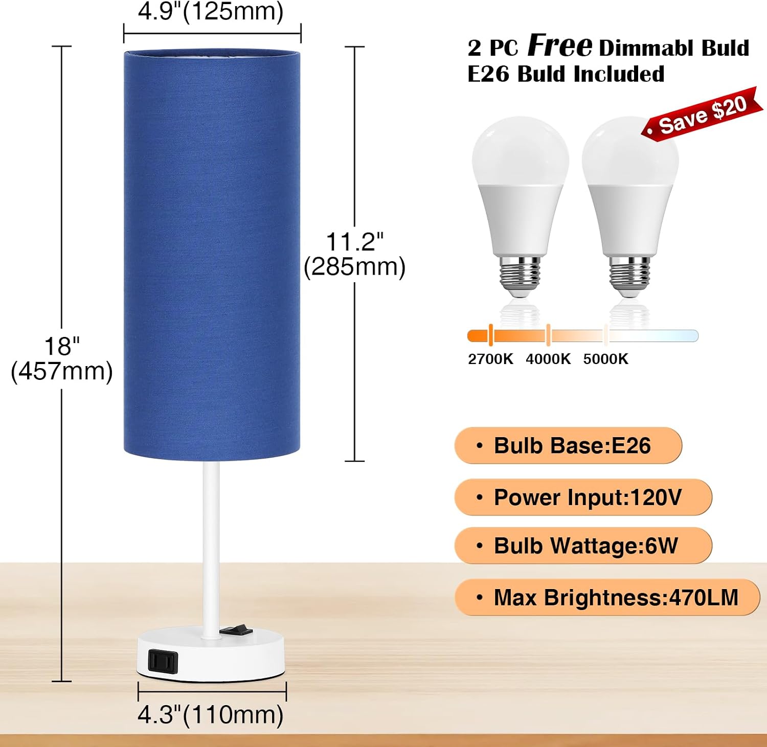 ZJOJO Table Lamp for Bedroom 2 Pack,18in Bedside Lamps with 3 Way Dimmable Rocker Switch & AC Outlet, Nightstand Desk Lamp with Blue…