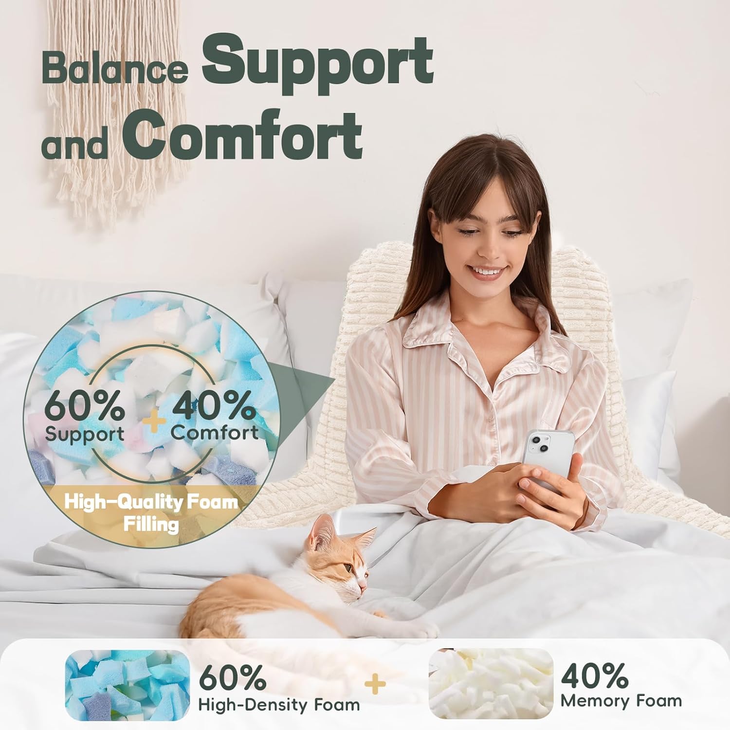 Luisof 21" Higher Large Reading Pillow for Bed Adult, Back Pillow for Bed Sitting Up with Memory Foam Back Support with Arms Rest for Couch…