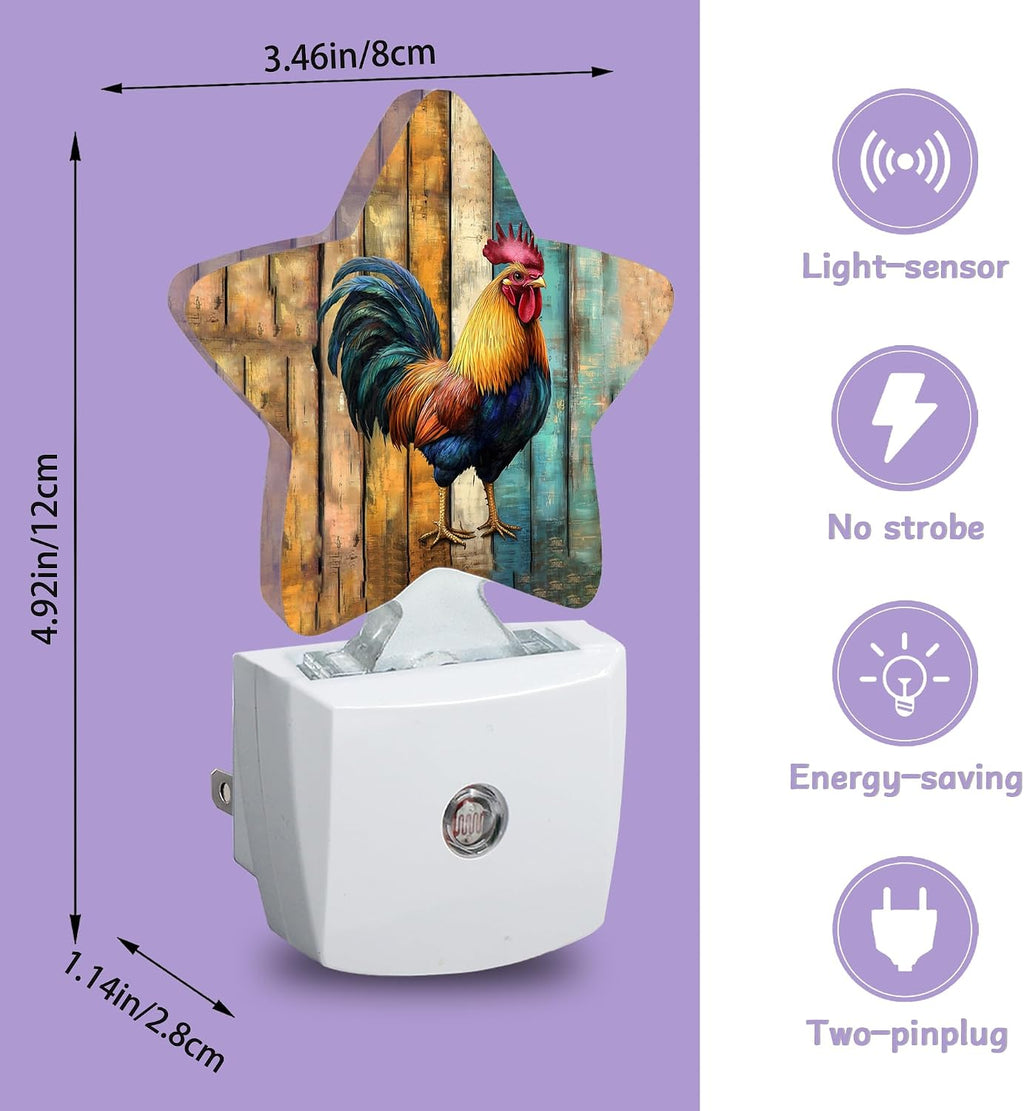 Chicken Rooster Nightlights Plug in Wall, Wooden Board Decorative Star Lamp with Automatic Lighting for Living Space, Gentle Glow for Kids…
