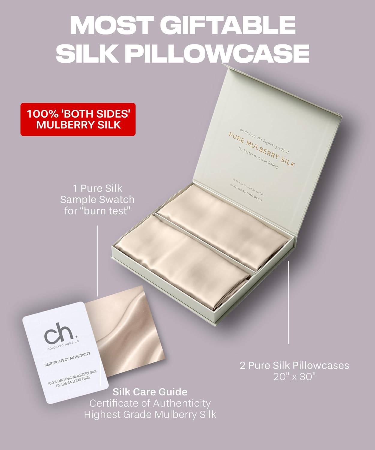 ColoradoHomeCo Sunday SilksTM | Silk Pillow Cases 2 Pack | 22 Momme Mulberry Silk Pillowcase Set of 2 | All Sides 100% Pure Silk Slip Pillow…