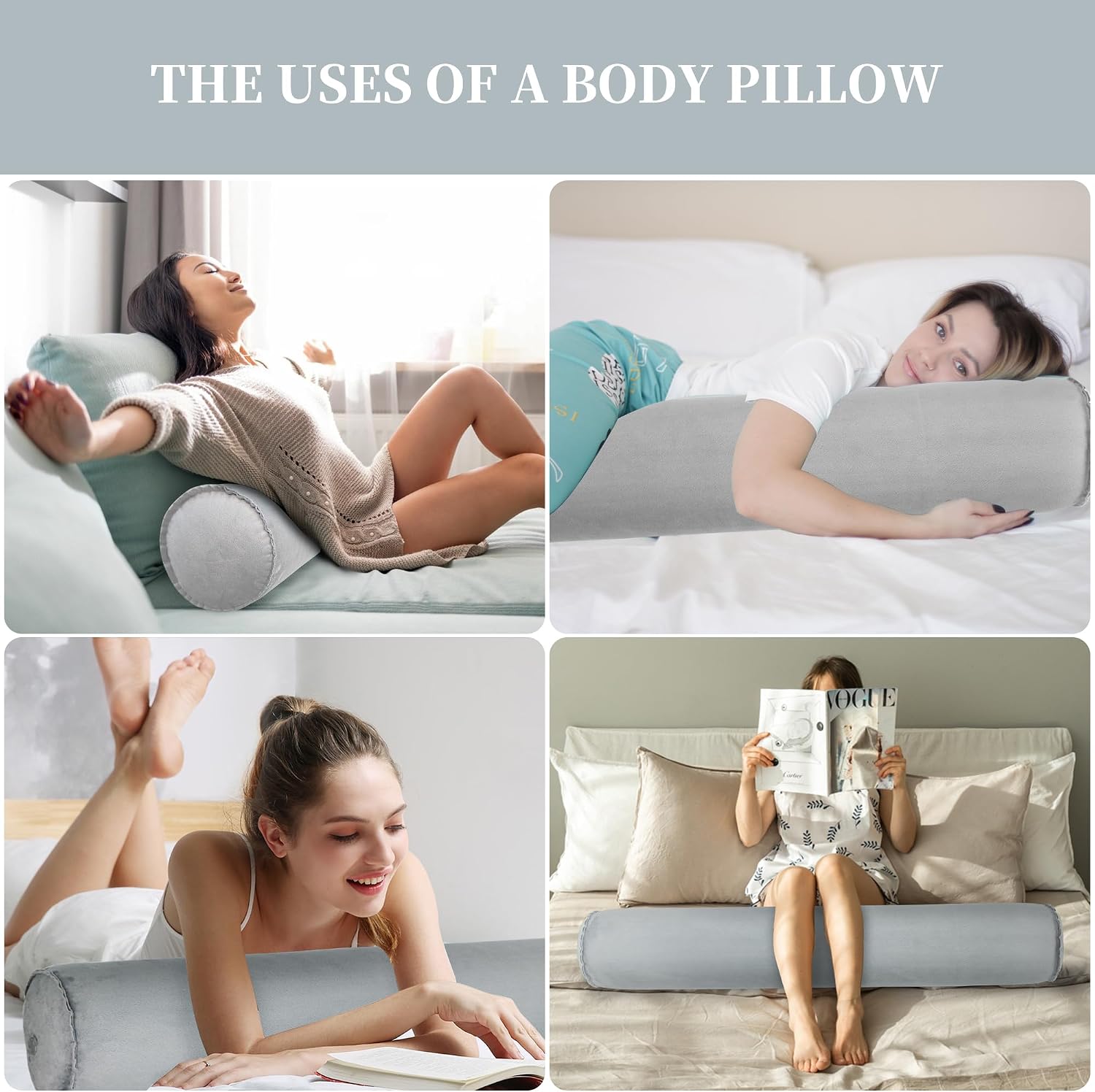 ONTYZZ Inflatable Long Body Pillow, Long Pillow for Bed, Oval Bolster Pillow for Good Sleeping and Back/Neck Support, 1pcs Grey