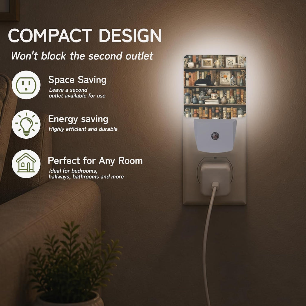 Night Light, Vintage Bookshelf Cat Night Lights Plug into Wall for Bedroom Bathroom Hallway Kitchen, Dusk to Dawn Sensor Decorative Gift…