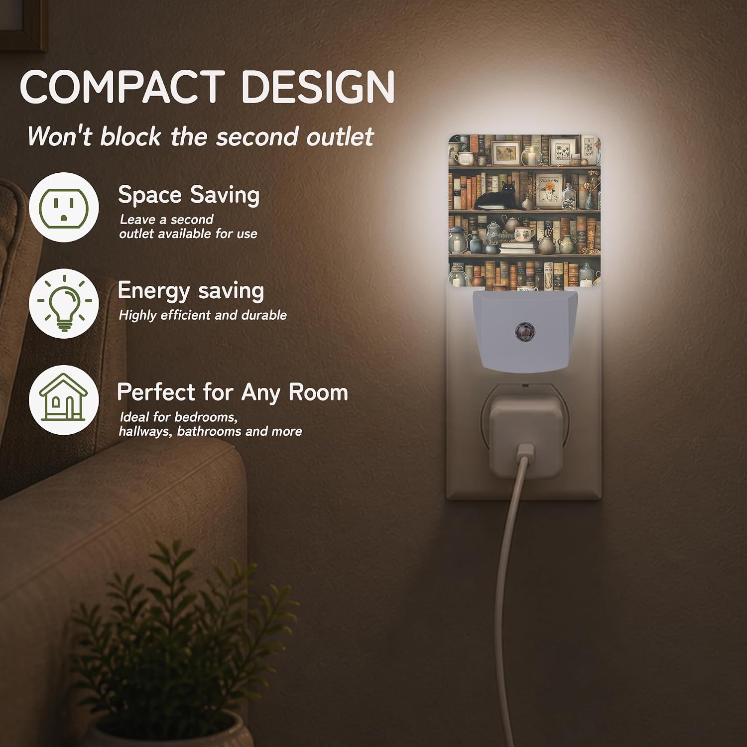 Night Light, Vintage Bookshelf Cat Night Lights Plug into Wall for Bedroom Bathroom Hallway Kitchen, Dusk to Dawn Sensor Decorative Gift…
