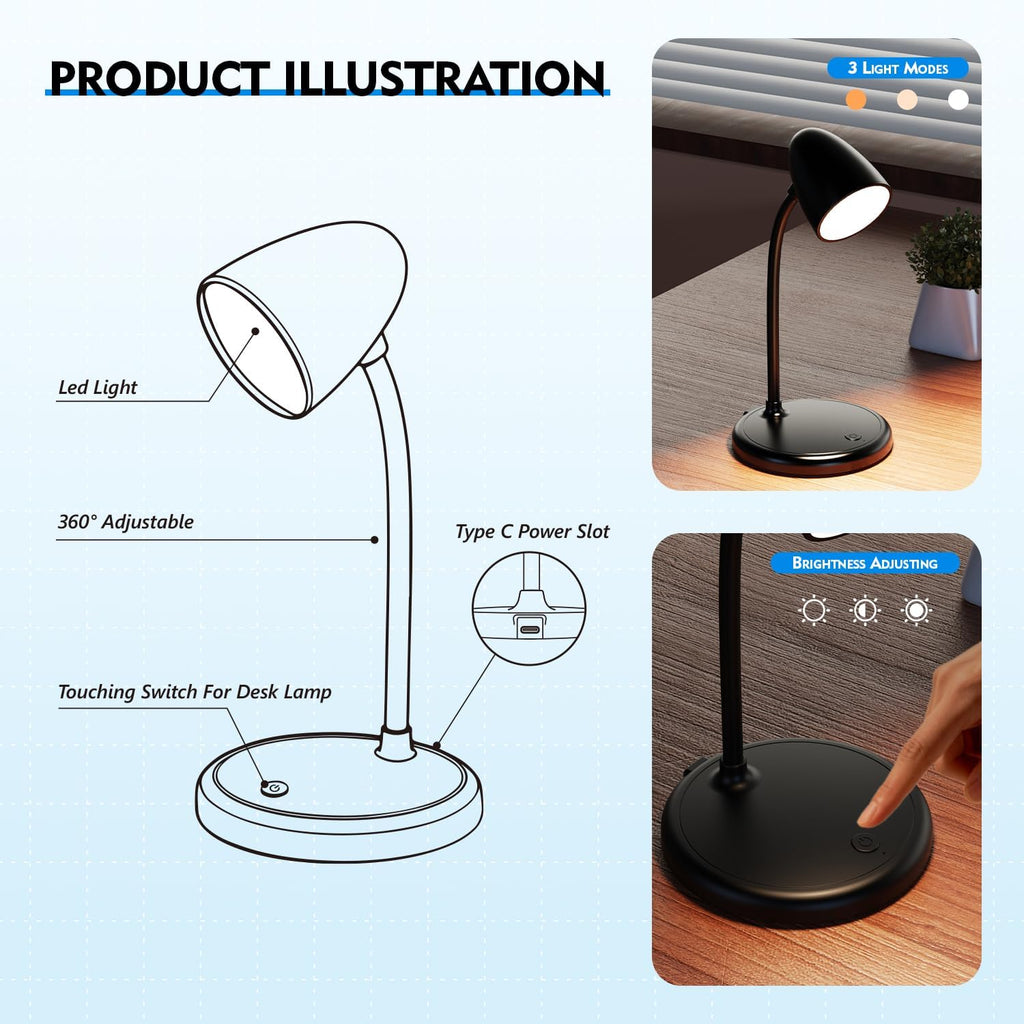 LED Desk Lamp for Home Office,3 Light Colors, Table Lamp, Dimmable Reading Light for Bedside Small Desk Lamp for College Dorm Room, Bedroom…
