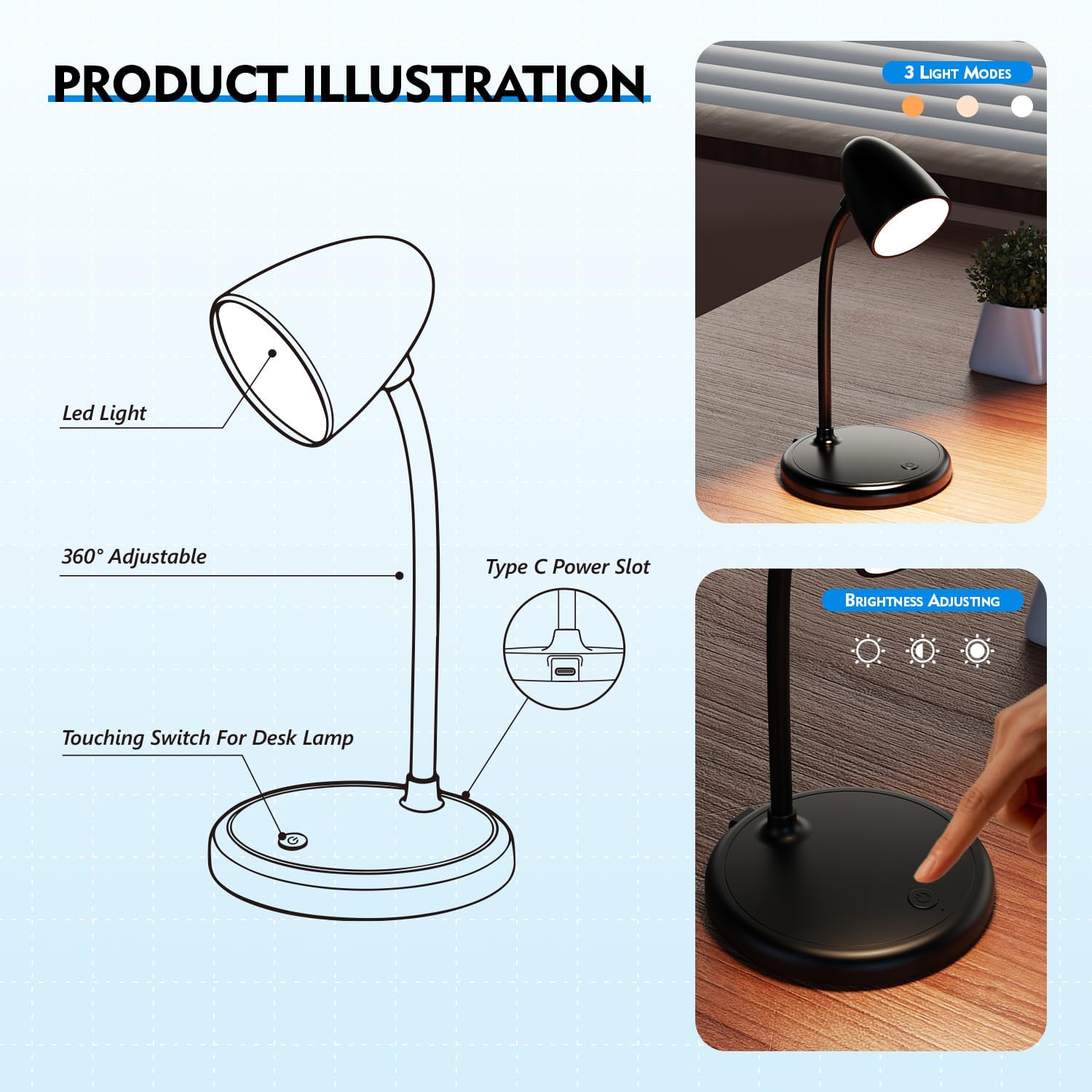 LED Desk Lamp for Home Office,3 Light Colors, Table Lamp, Dimmable Reading Light for Bedside Small Desk Lamp for College Dorm Room, Bedroom…