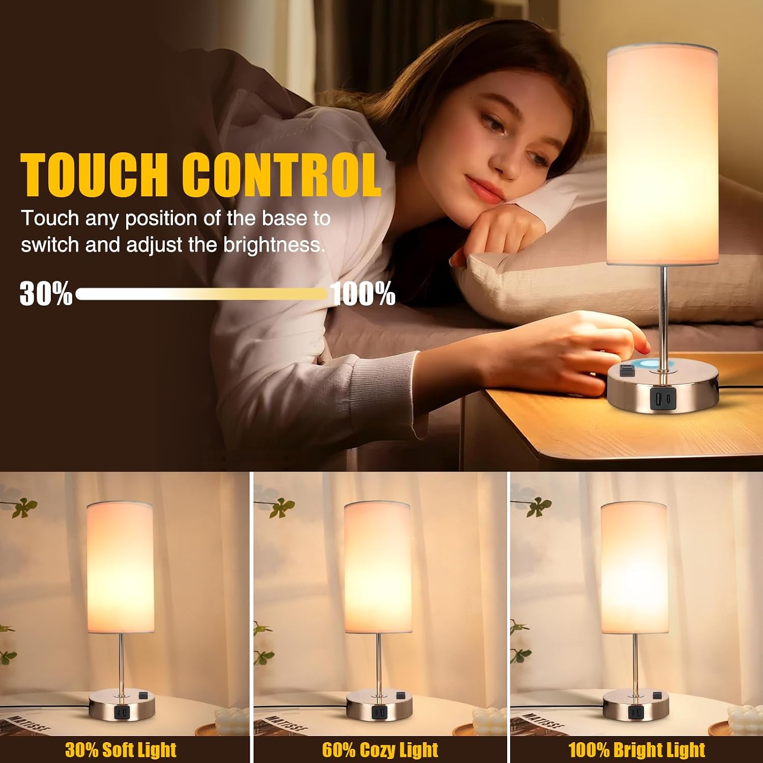 Gold Table Lamp with USB Port - Touch Lamp Desk Lamp, Bedside Lamps for Bedroom, 3 Way Dimmable Small Lamps for Living Room, Dorm, Home…