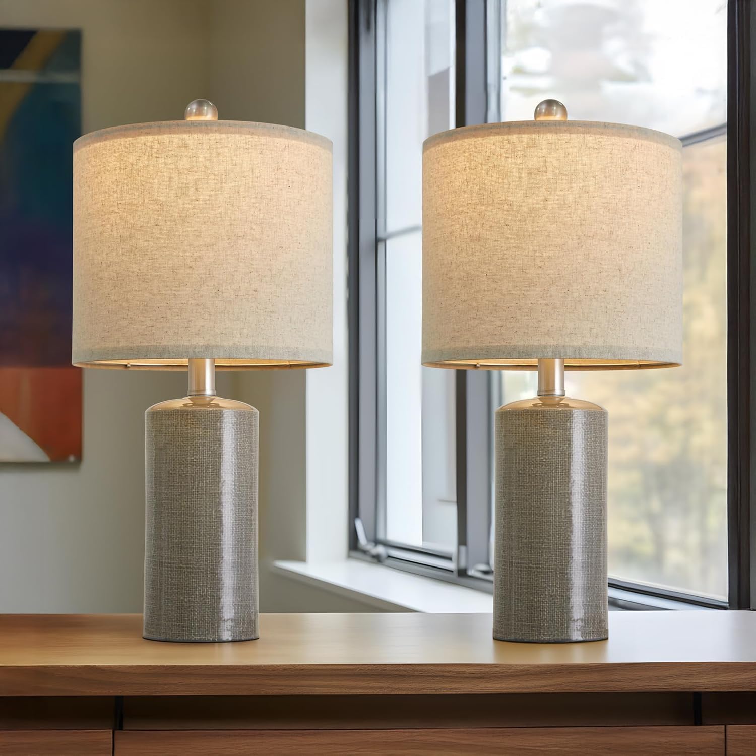 G-SAFAVA 20.25" Small Table Lamps Set of 2 Modern Ceramic Lamps for Living Room Farmhouse Bedside Lamps Boho Lamps for Night Stands Grey…