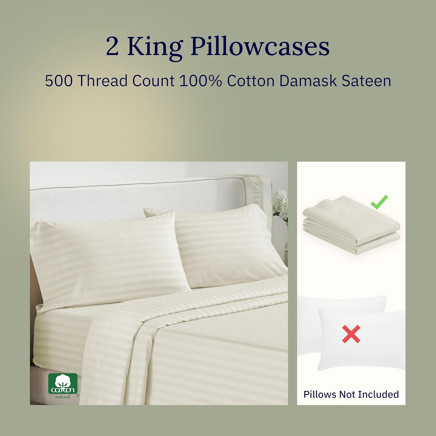 CALIFORNIA DESIGN DEN Soft & Silky 500 Thread Count 100% Cotton Sateen, Cool & Smooth with A Classic Opening, Set of 2 King Pillow Cases…