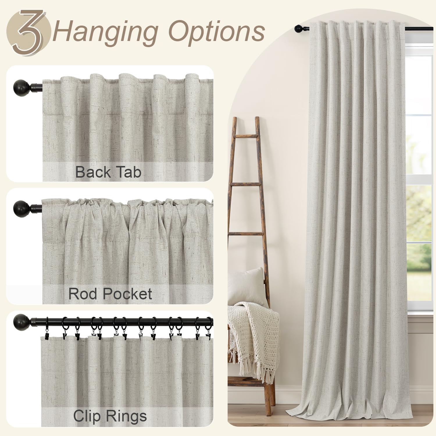 Pitalk Blackout Linen Curtains 96 Inches Long for Living Room 2 Panel Set Black Out Light Blocking Back Tab Neutral Boho Farmhouse 96 Inch…