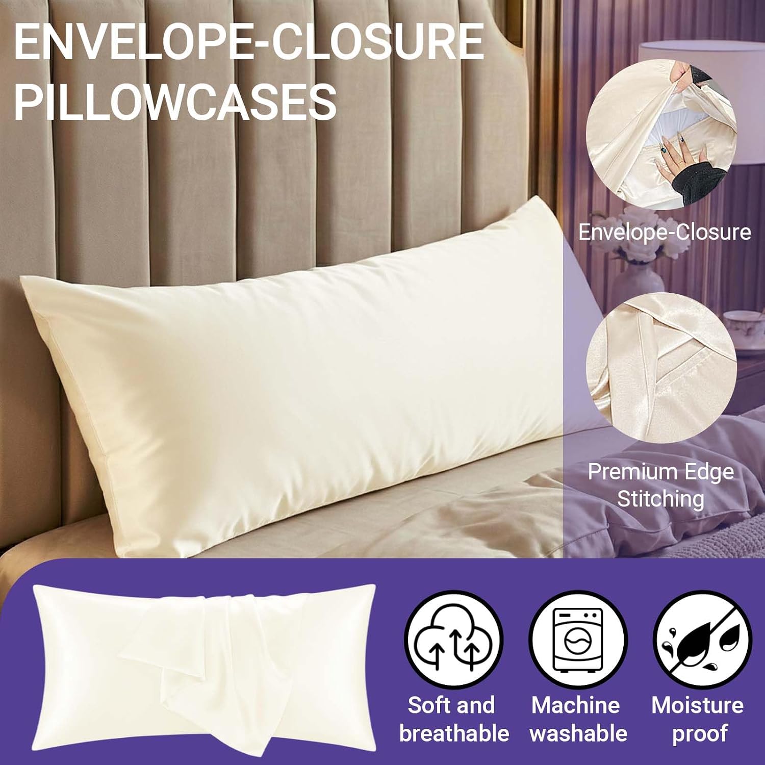QJFabricCO Q&J Fabric Co. 1 Pack Satin Pillowcase Silk Like Pillow Case 20x54 inch Beige Cooling Pillow Case with Envelope Closure for Hair…