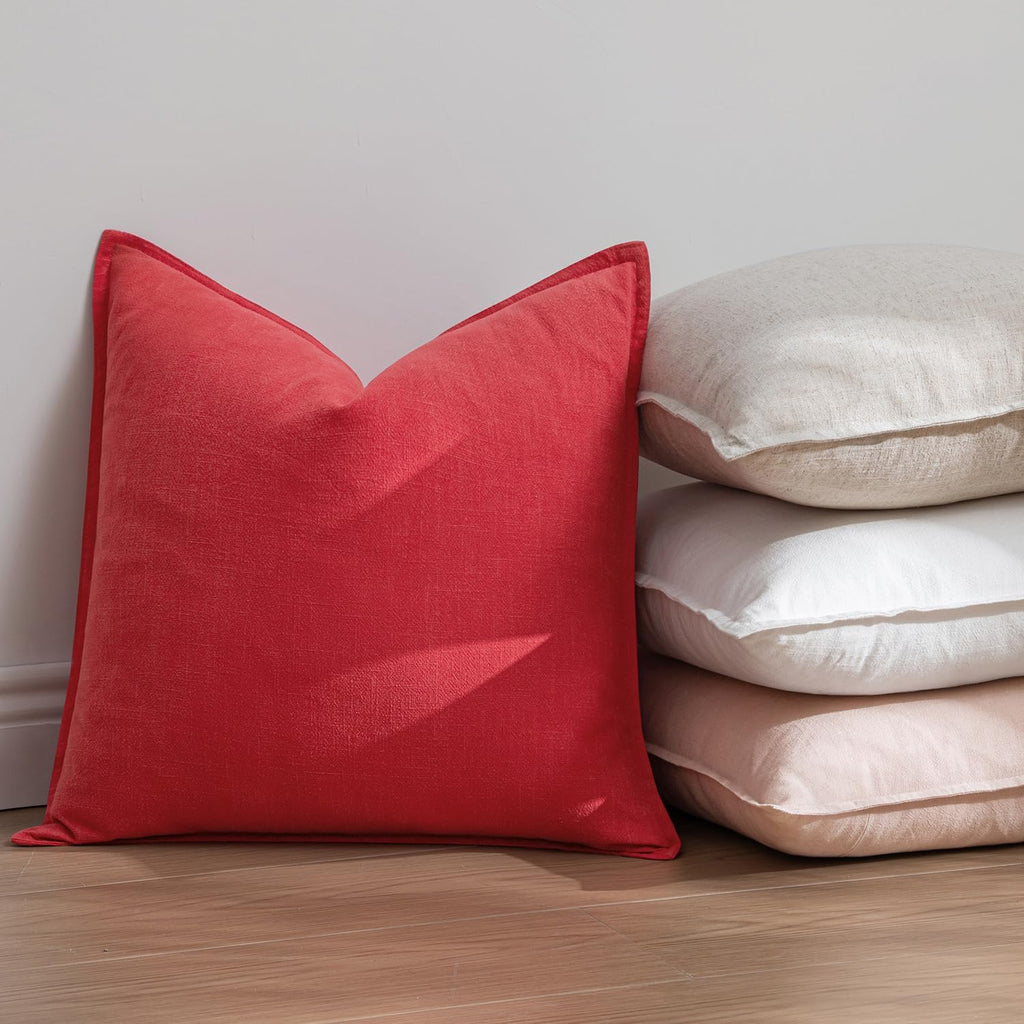 EMEMA Christmas Throw Pillow Covers Decorative Linen Pillow Covers 18x18 Inch Red Boho Farmhouse Neutral Couch Throw Pillows for Bed Pack…