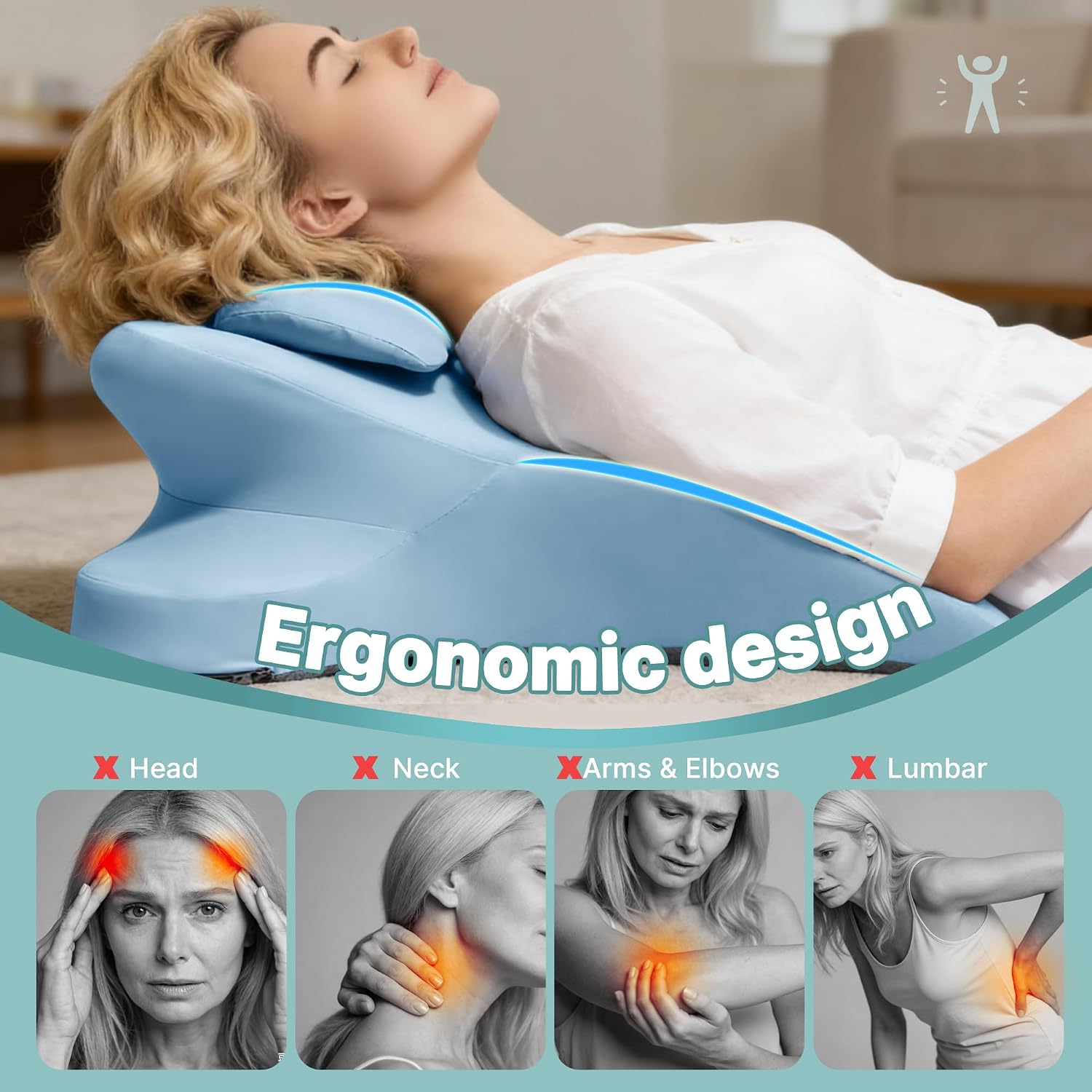 Ergonomic Memory Foam Wedge Pillow, Back and Neck Support Cushion for Reading in Bed, Sitting Up, Bed Rest and Watching TV (Blue)