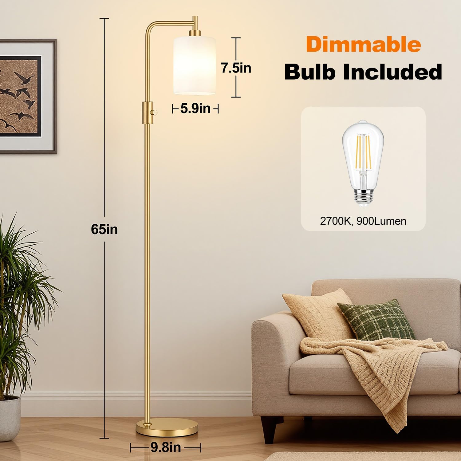 Upgraded】Dimmable Floor Lamps for Living Room with Frosted White Glass Shade, Modern Industrial Floor Lamp with 900LM Bulb Included…