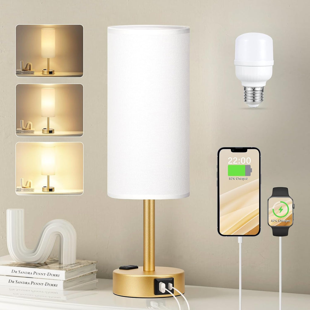 Fenmzee Gold Touch Lamp for Bedroom- 3 Way Dimmable Bedside Lamp USB C A Charging Ports and AC Outlet, Small Table Lamp White Linen…