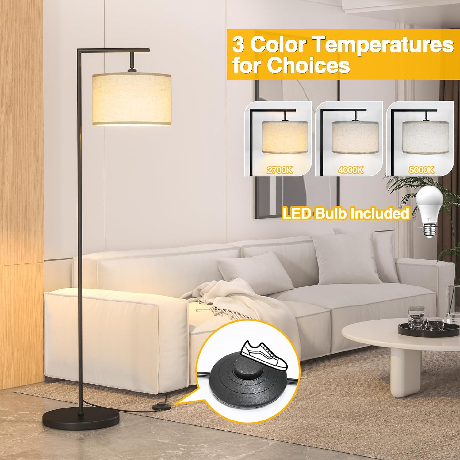 Floor Lamp for Living Room with 3 Color Temperatures Standing Lamp with Adjustable Beige Linen Lampshade Tall Lamps for Bedroom Office…