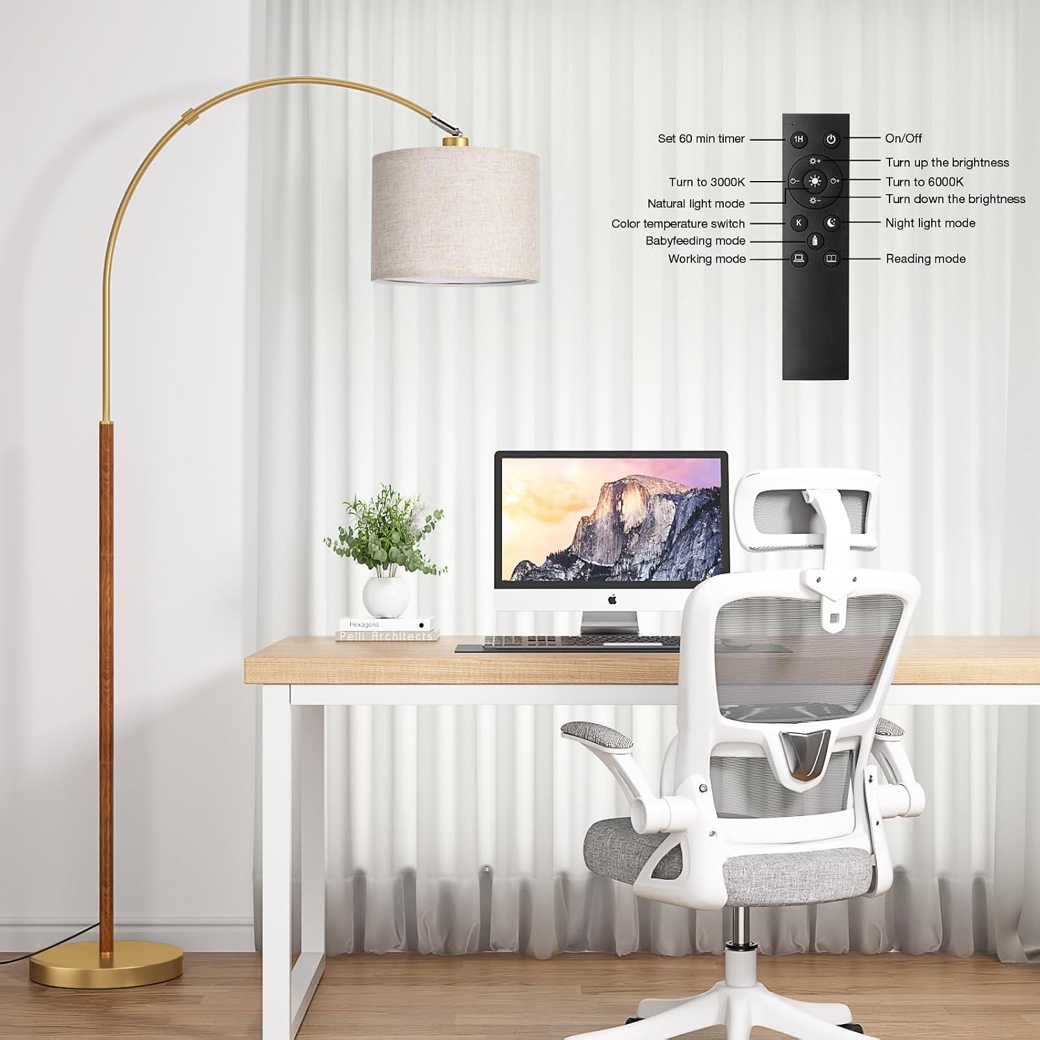 Ambimall Dimmable Arc Floor Lamp with Remote, Color Temperatures and Brightness Adjustable, Arched Floor Lamp with Rotating Head, Over…