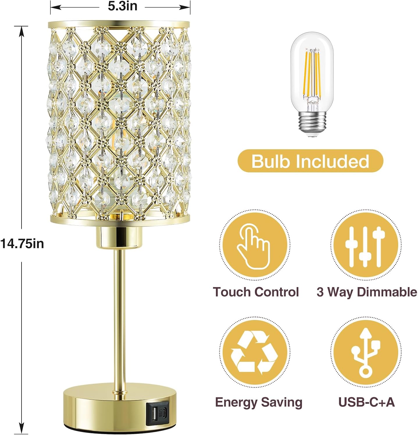 GyroVu Crystal Table Lamp, Gold Touch Lamp for Nightstand with USB C+A Ports, Dimmable Lamp with Crystal Shade, Bedside Lamp Small Lamp…