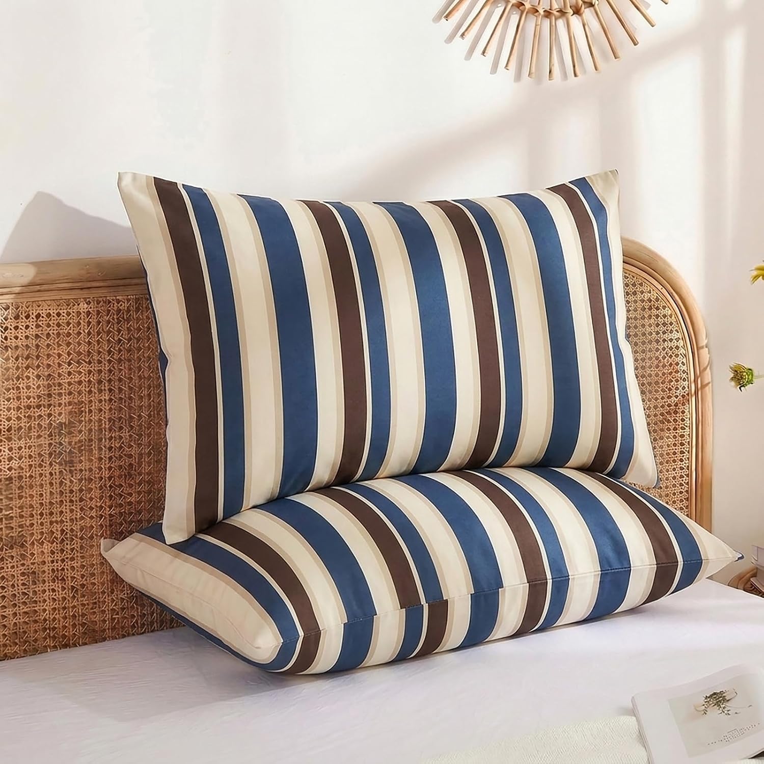 Merryword 100% Cotton Pillow Cases, King Size Pillowcases, Blue Striped Pillowcases, Luxury Linen Like Pillowcase, Soft Breathable Cabana S…