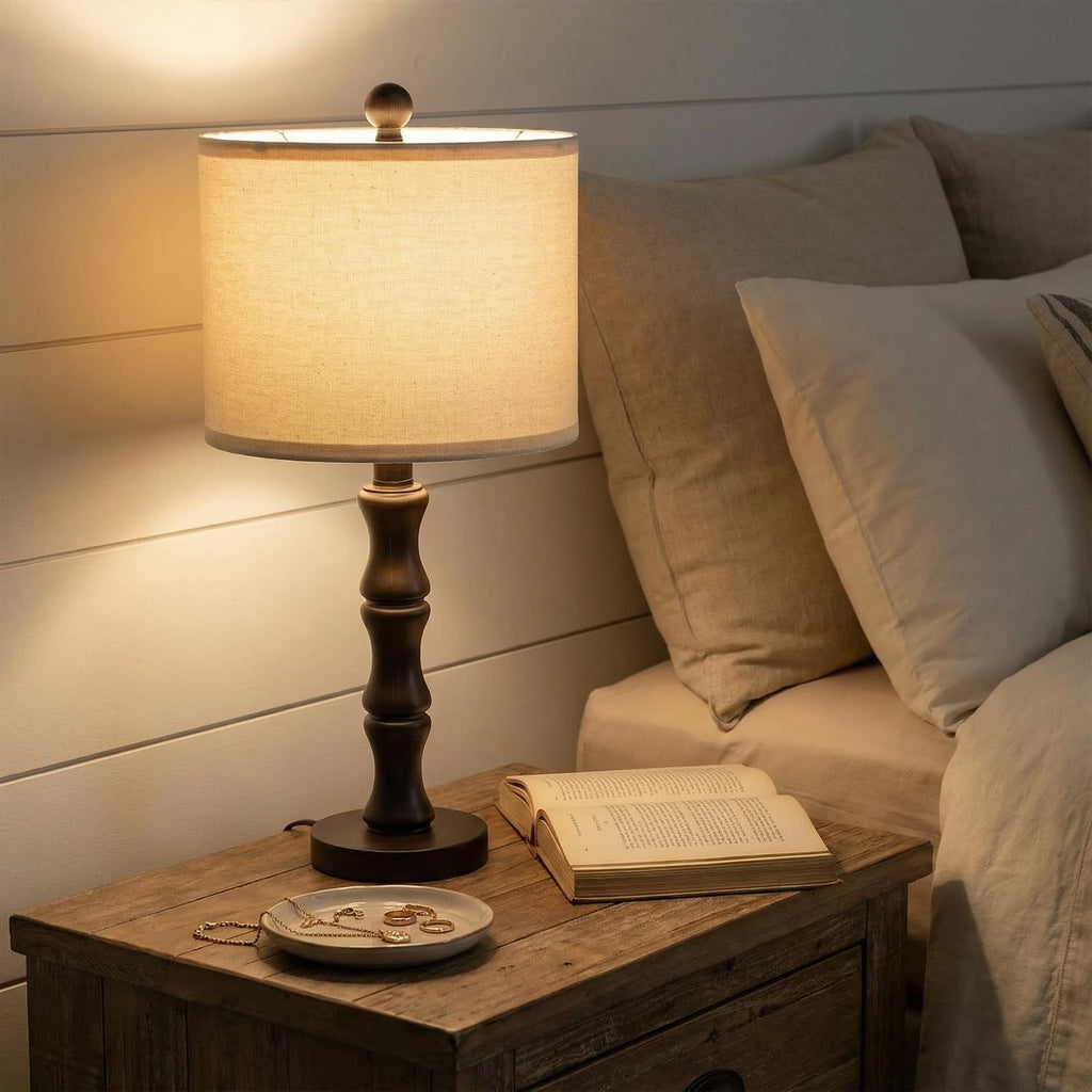 BOBOMOMO 20.5" Classic Table Lamps Set of 2, Farmhouse Nightstand Lamps with Dark Wood Grain Resin Base & Linen Shade, Small Bedside…