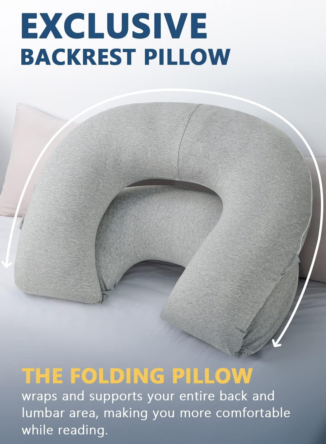 Insen Reading Pillow, Back Pillow for Sitting in Bed and Couch, Gaming Pillow for Adults, Sit Up Support for Bed, Grey Jersey Grey