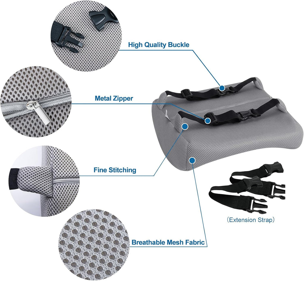 Lumbar Pillow for Chair and Car, Back Support for Office, Memory Foam Cushion with Mesh Cover - Gray