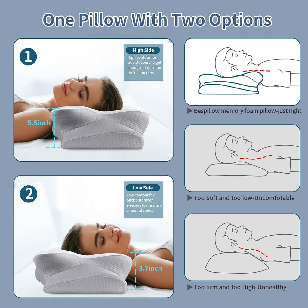 Bespillow Cervical Neck Pillow for, Ergonomic Contour Pillow, Orthopedic Memory Foam Neck Support Pillow for Side, Back & Stomach Sleepers…