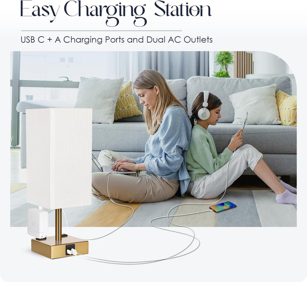 Set of 2 Bedside Table Lamp 3 Way Dimmable Nightstand Lamp with USB C & USB A Charging Port, 2 AC Outlets, 3000K LED Bulbs (Pleate)