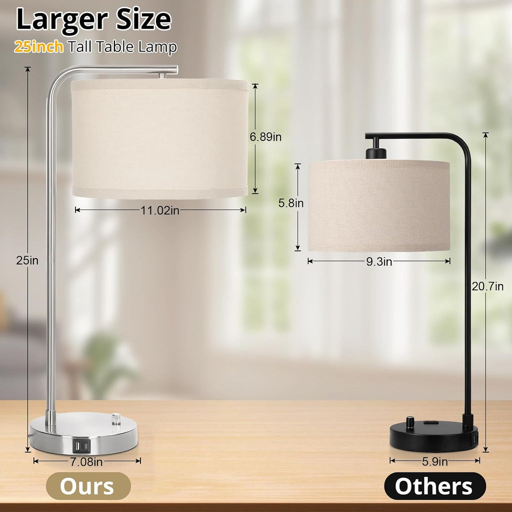 Table Lamp for Living Room, Modern Bedside Lamp with USB C+A Ports, Fully Dimmable Nightstand Lamp with Beige Drum Shade, Silver Finish…