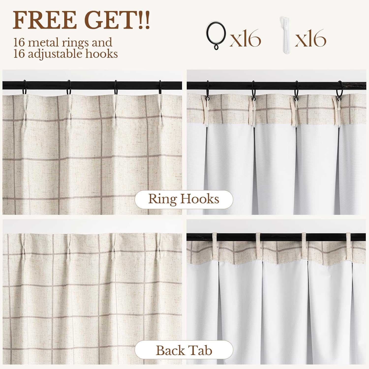 Threegirlshome THREE GIRLS Pinch Pleated Plaid Curtains Blackout Linen Gingham Curtains for Living Room, Bedroom Checkered Patterned Insulat…