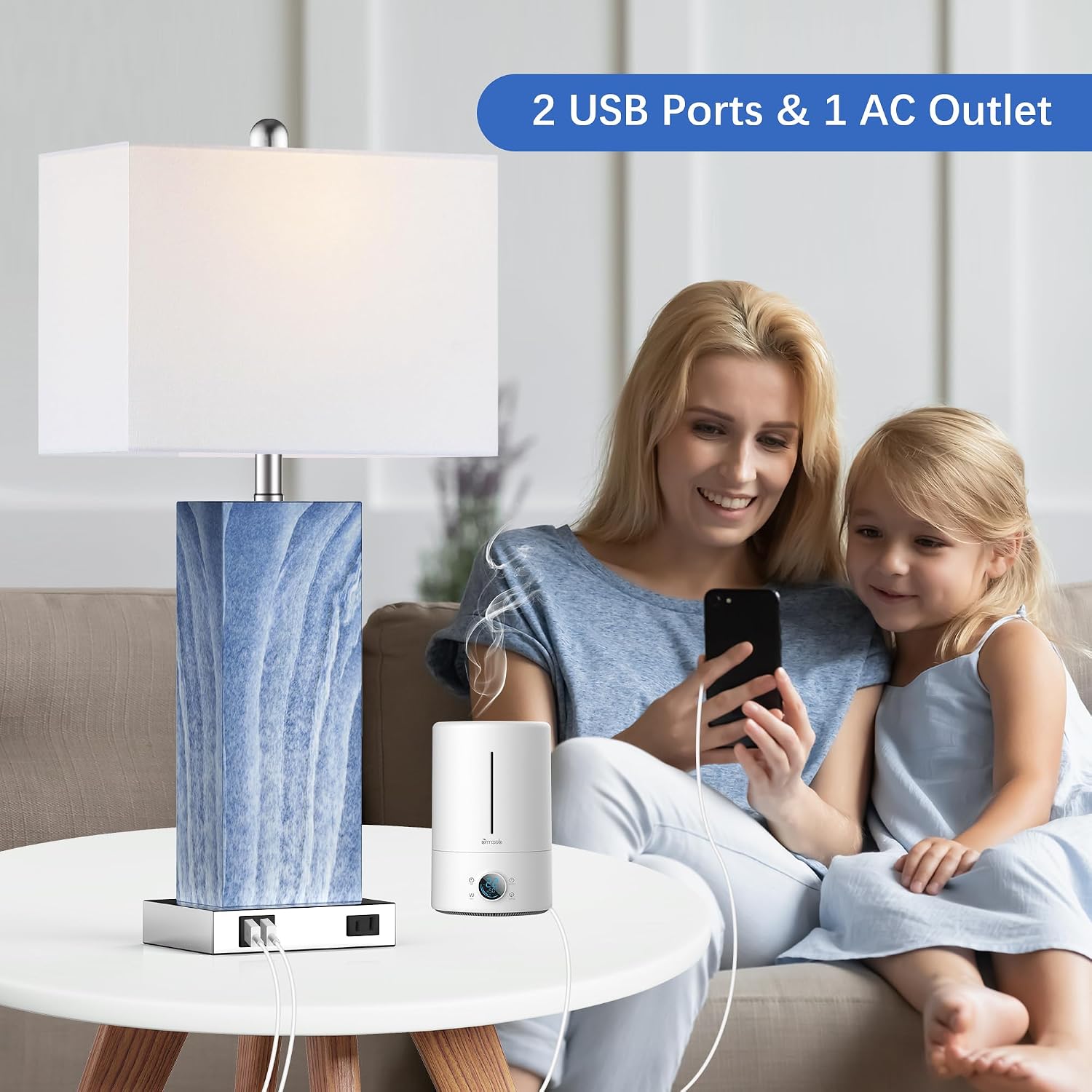 Touch Control Table Lamps with White Fabric Shade Set of 2, 3-Way Dimmable Modern Ceramic Blue Nightstand Bedside Lamp with 2 USB Ports 1…
