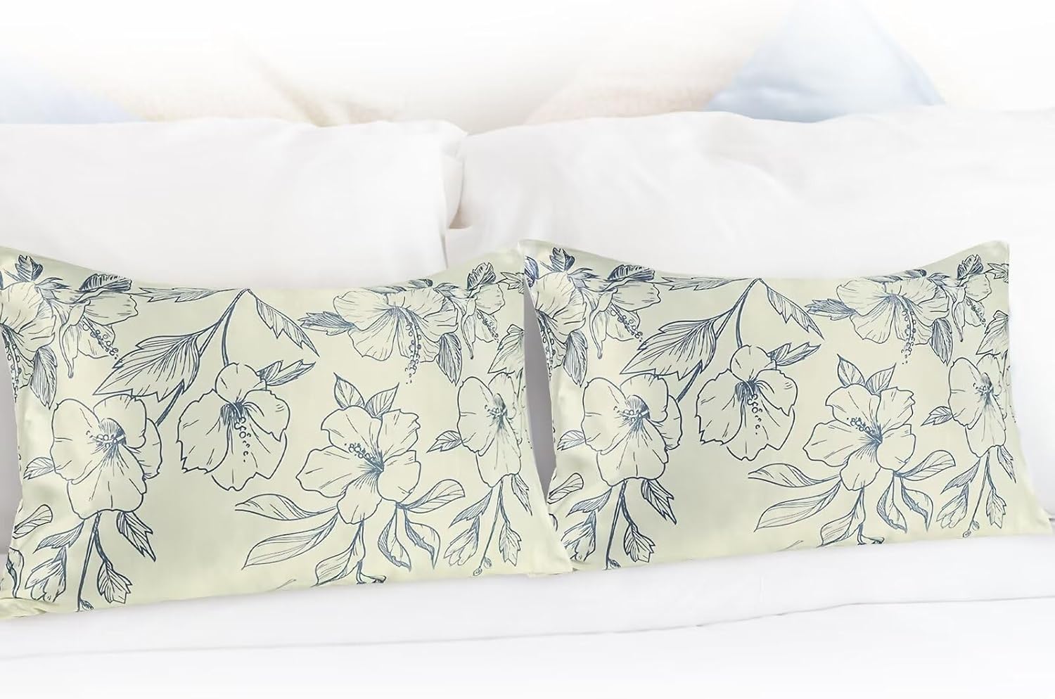 MANSPHIL King Size Silk Pillow Cases - Blue Floral Printed 22 Momme Mulberry Silk Top with Satin Underside Pillowcase for Hair and Skin…
