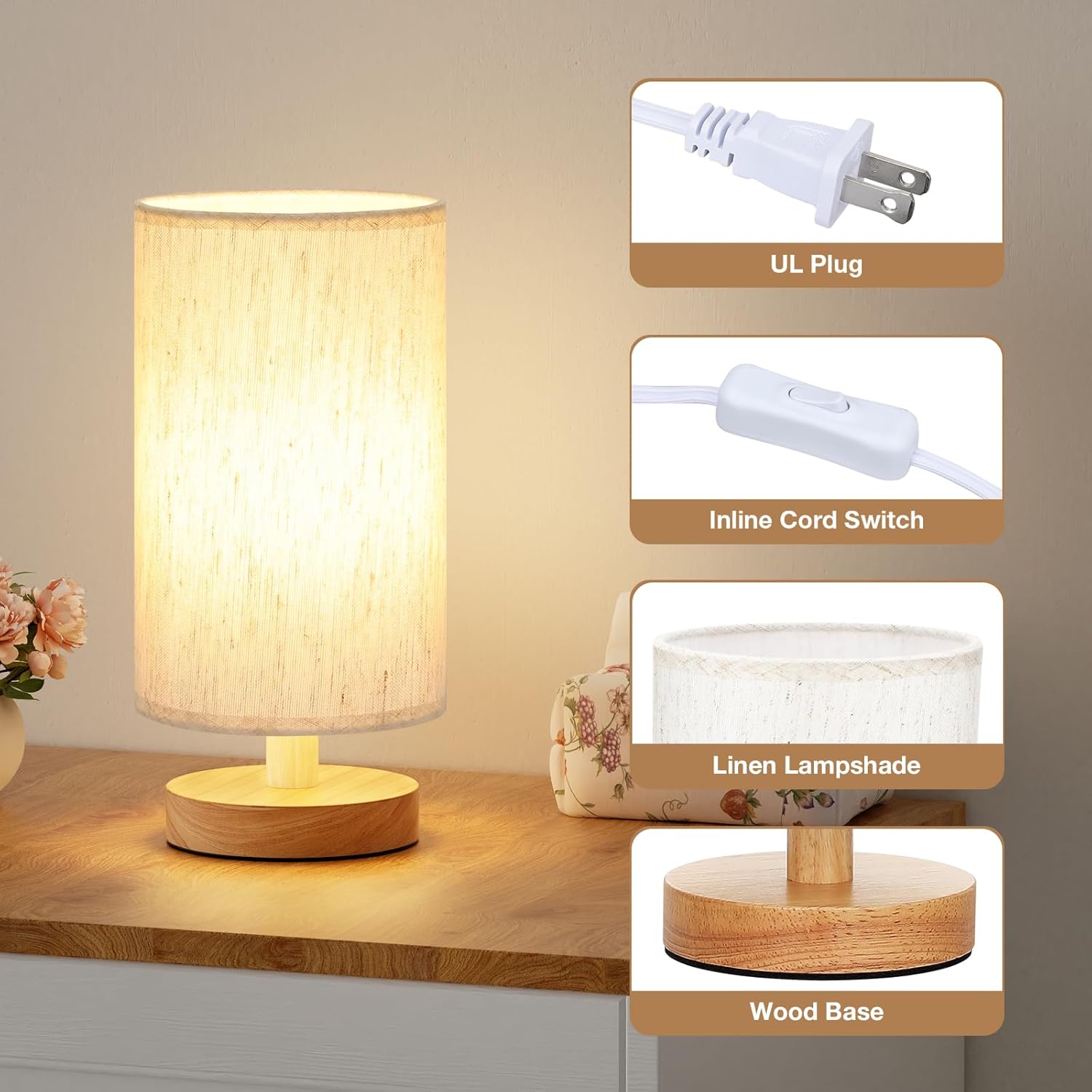 Fenmzee Small Table Lamp for Bedroom - Inline Control, Bedside Lamp with 3000K A15 LED Blub, Easy Assembly (Cream Shade - Wood Base, 9"…