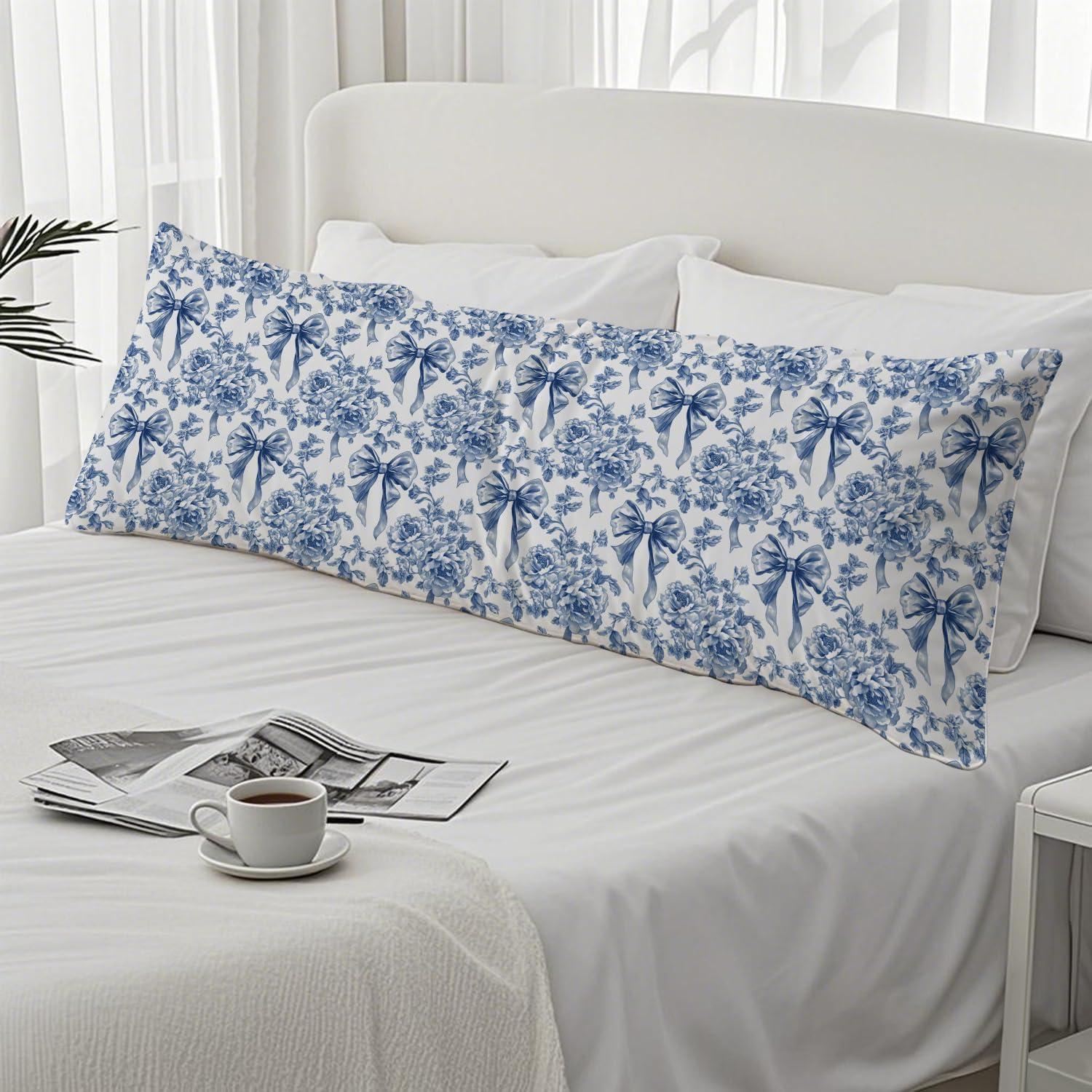 Coquette Blue Bow Chinoiserie Floral Bow 20x54 Body Pillow Cover, Blue and White Home Decor, Grandmillennial Flower Decorative Long Body…