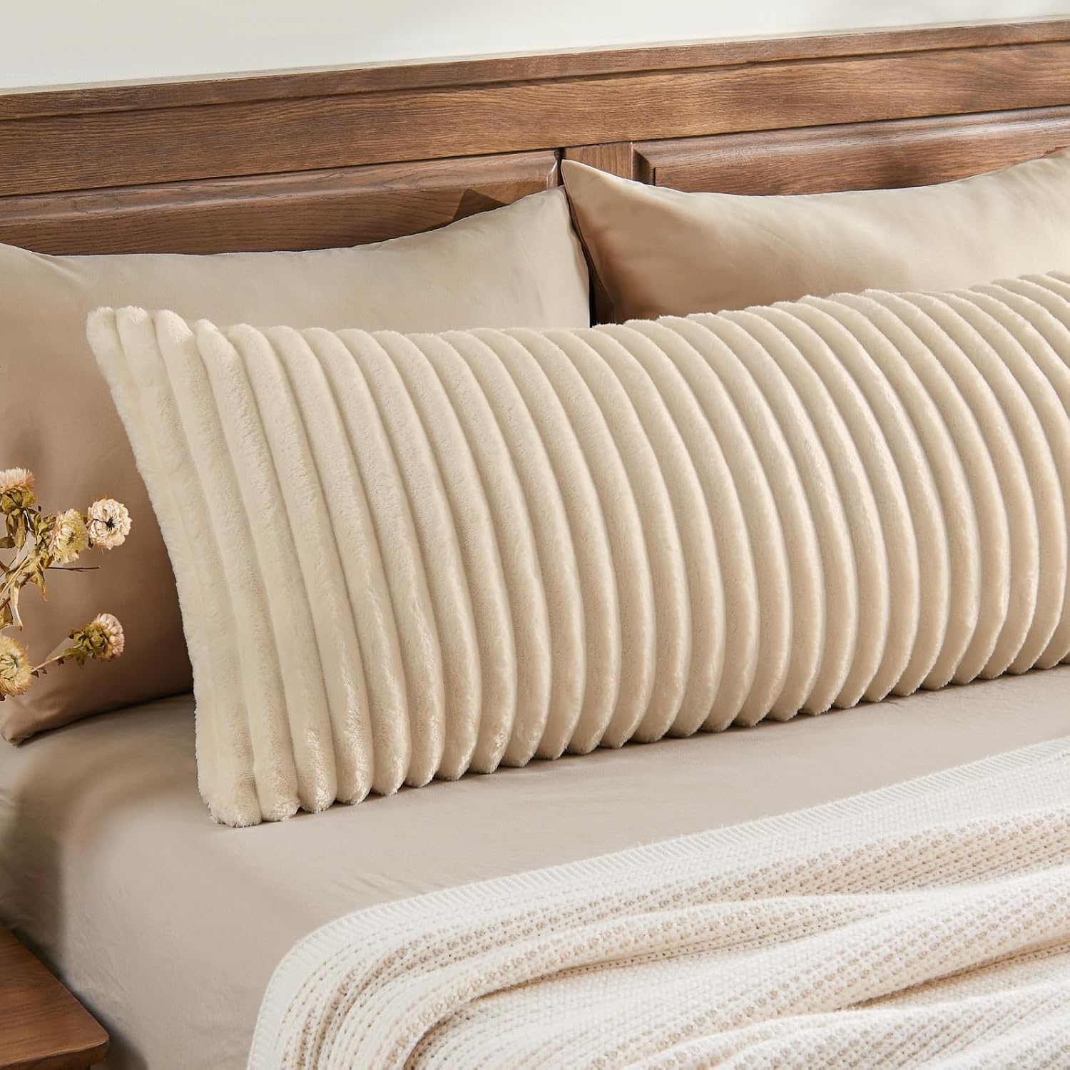 Bedelite Fluffy Faux Fur Body Pillow Cover with Zipper, Luxury Plush 3D Striped Pillow Cover 20x54 Inches, Super Soft and Cozy Long Body Pi…