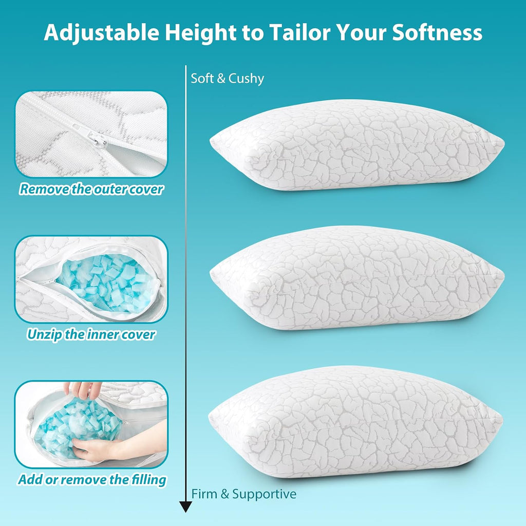Wgakced Cooling Pillows for Sleeping 1 Pack, Standard Size Adjustable Shredded Memory Foam Pillows, Firm Bed Pillows for Side, Back, Stomac…
