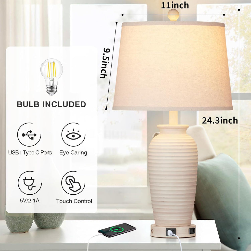 CINSARY 24.3" Farmhouse Jar Table Lamps Set of 2, 3 Way Touch Control Rustic Bedside Lamps with USB A+C Ports & AC Outlet, Pot Nightstand…