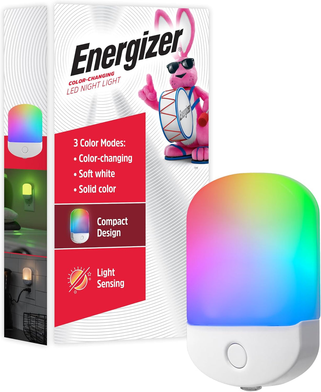 Energizer Night Light, Color Changing, Nightlight for Bedroom, Bathroom, Nursery, Hallway, Kitchen, White Base, 81567