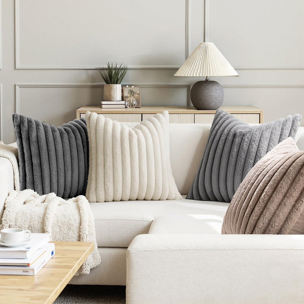 Miulee Faux Fur Plush Decorative Throw Pillow Covers 18x18 Set of 4, Boho Farmhouse Soft Fuzzy Striped Cushion Covers for Sofa Couch Bed Li…