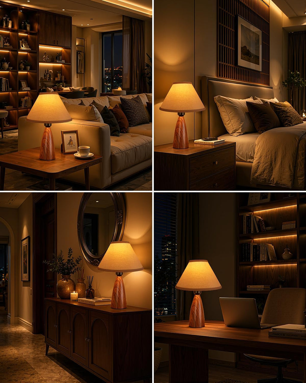 Nusogon 14.3" Touch Table Lamp for Bedroom & Living Room, 3-Way Dimmable Small Bedside Lamp with Fabric Shade & Wood Grain Base, Farmhouse…