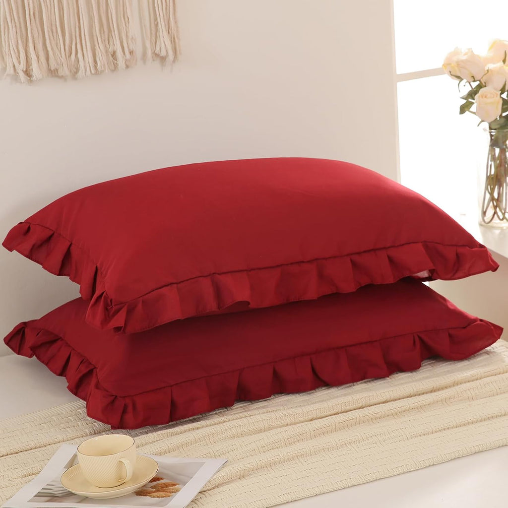 Merryword Burgundy Pillow Shams Standard Pillowcases 20x26inch Cute Ruffle Solid Pillow Cover Set of 2 Shabby Chic Soft Red Pillowcases Red