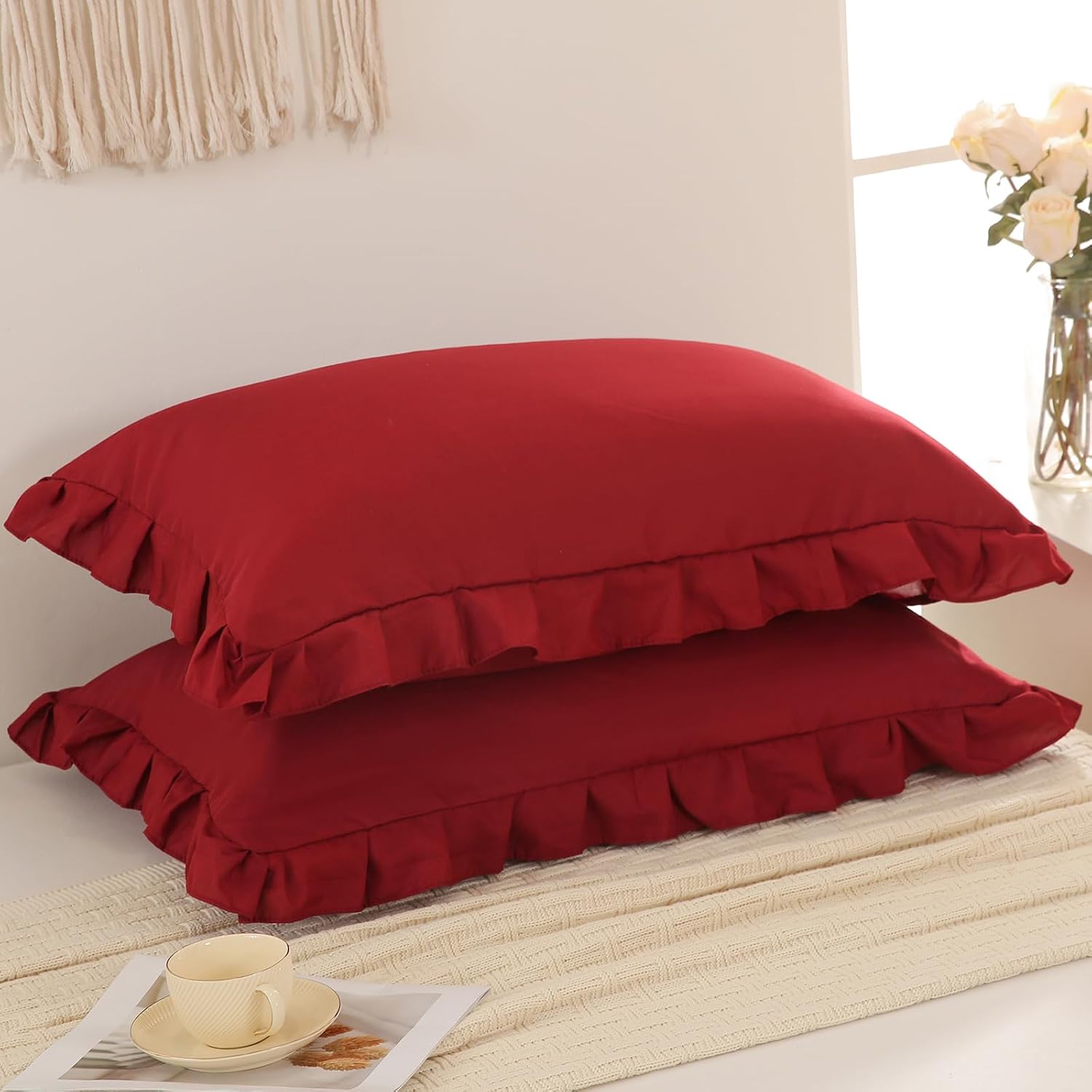 Merryword Burgundy Pillow Shams Standard Pillowcases 20x26inch Cute Ruffle Solid Pillow Cover Set of 2 Shabby Chic Soft Red Pillowcases Red
